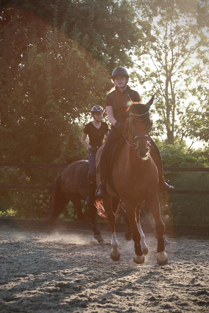 Twee ruiters op bruine paarden in de buitenbak tijdens het gouden uur, met opstuivend zand in het zonlicht