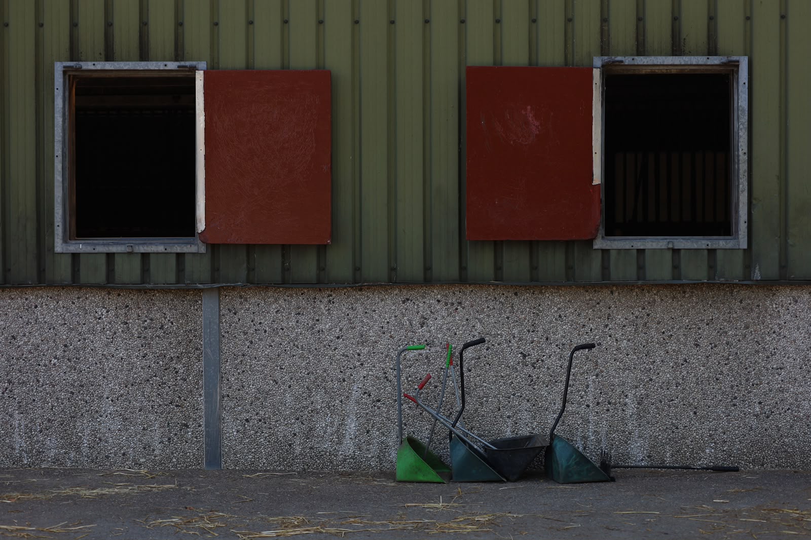 Buitenstallen met groene gevel en verzorgingsspullen bij de pensionstal